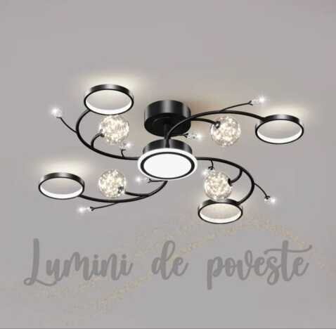 Lustra LED 128W Space Glam Black 4, LED inclus, 17 surse de iluminare, Lumina: Cald, Natural, Rece,